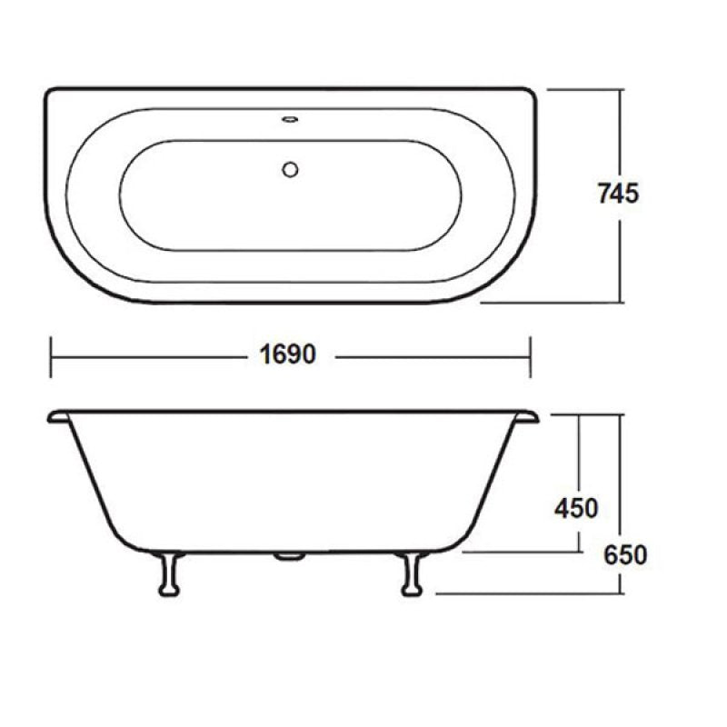 Verano Back to Wall Double Ended Freestanding Bath with Legs - 1700mm x 750mm - White
