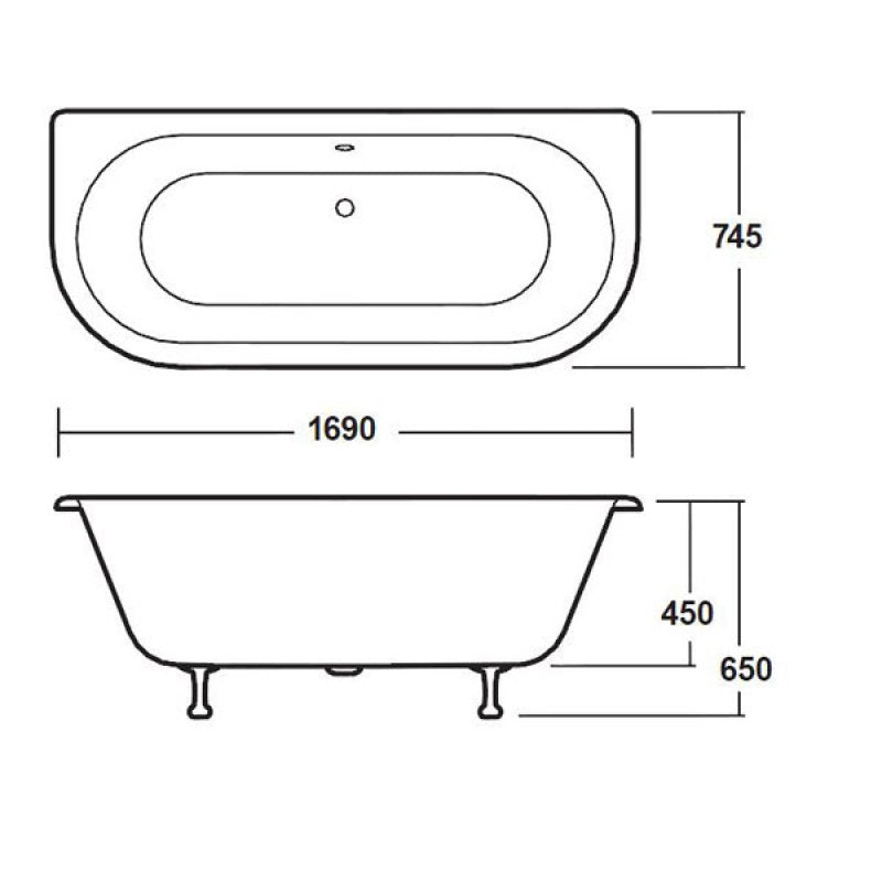 Verano Back to Wall Double Ended Freestanding Bath with Legs - 1700mm x 750mm - White