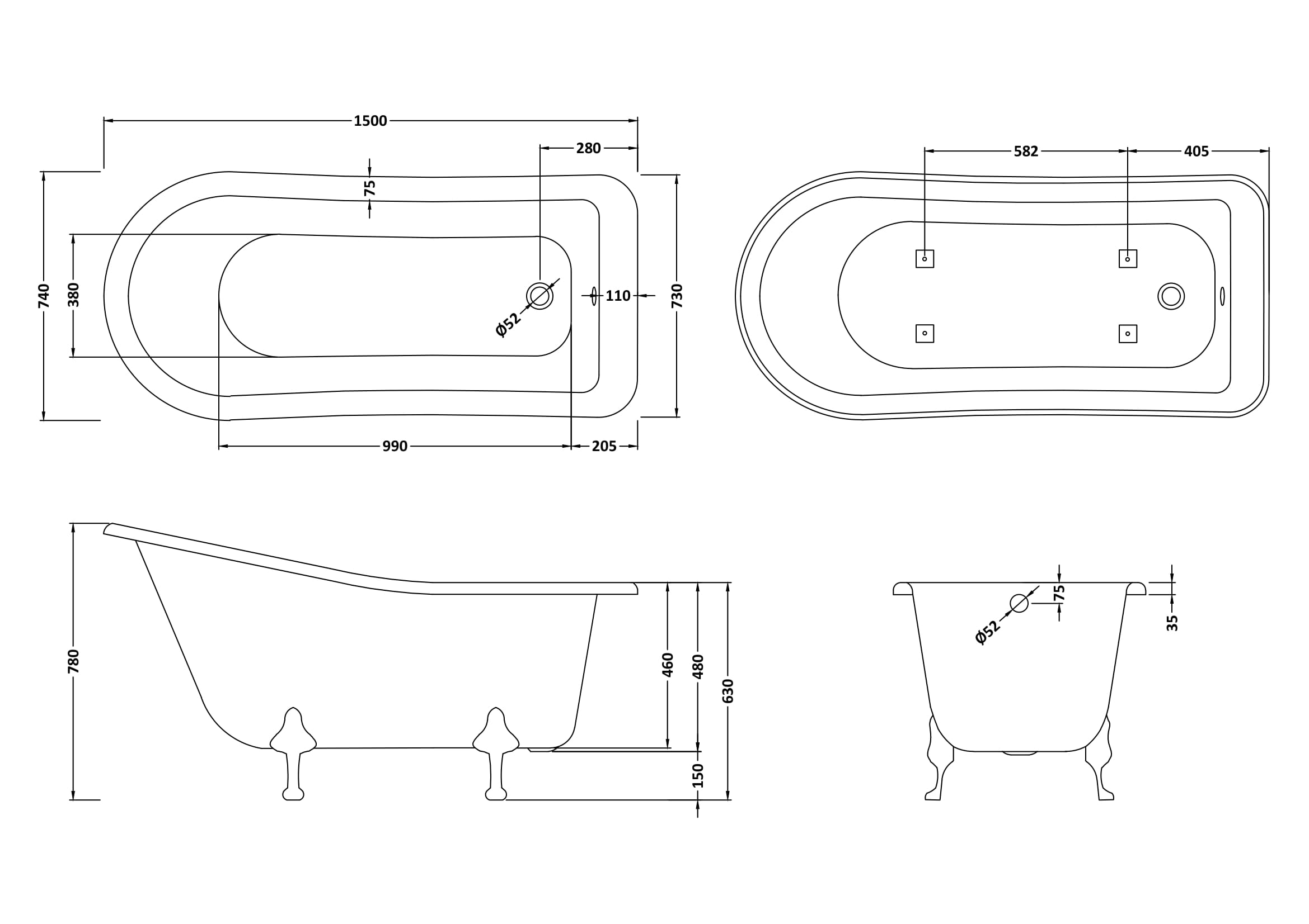 Horizon Freestanding Slipper Bath With Legs - White