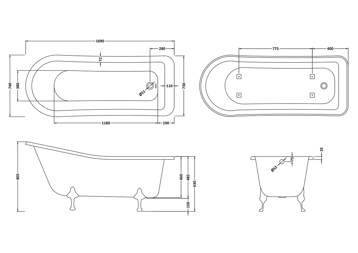 Horizon Freestanding Slipper Bath With Legs - White