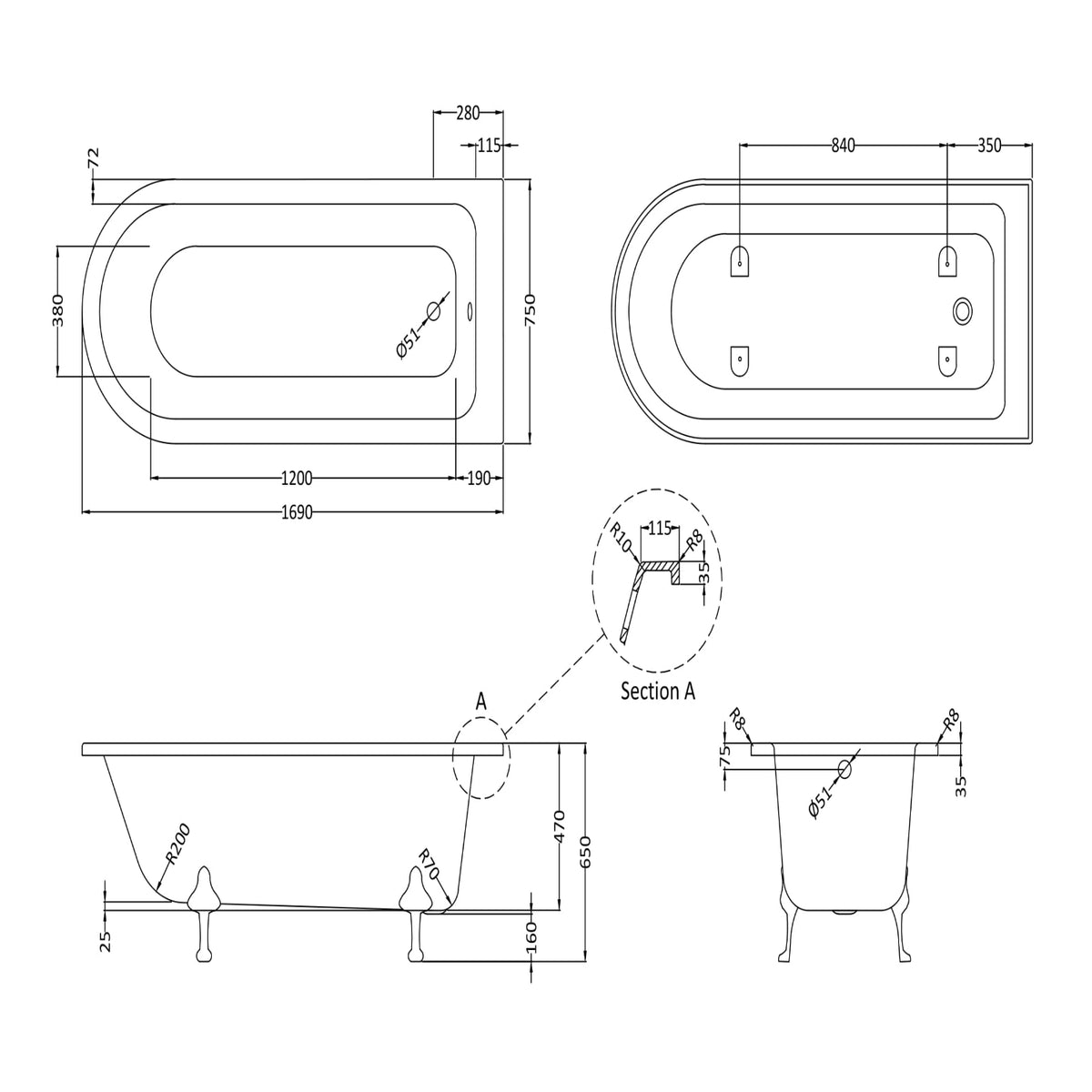 Legacy Single Ended Shower Bath with Legs - White