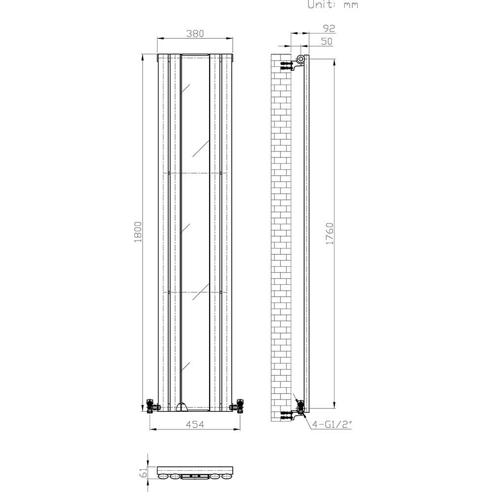 Princia Mirror Radiator - 1800 x 380mm