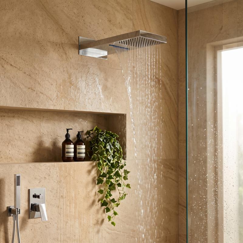 Clifton Rectangular Fixed Shower Head With Waterfall - 500mm x 200mm - Chrome