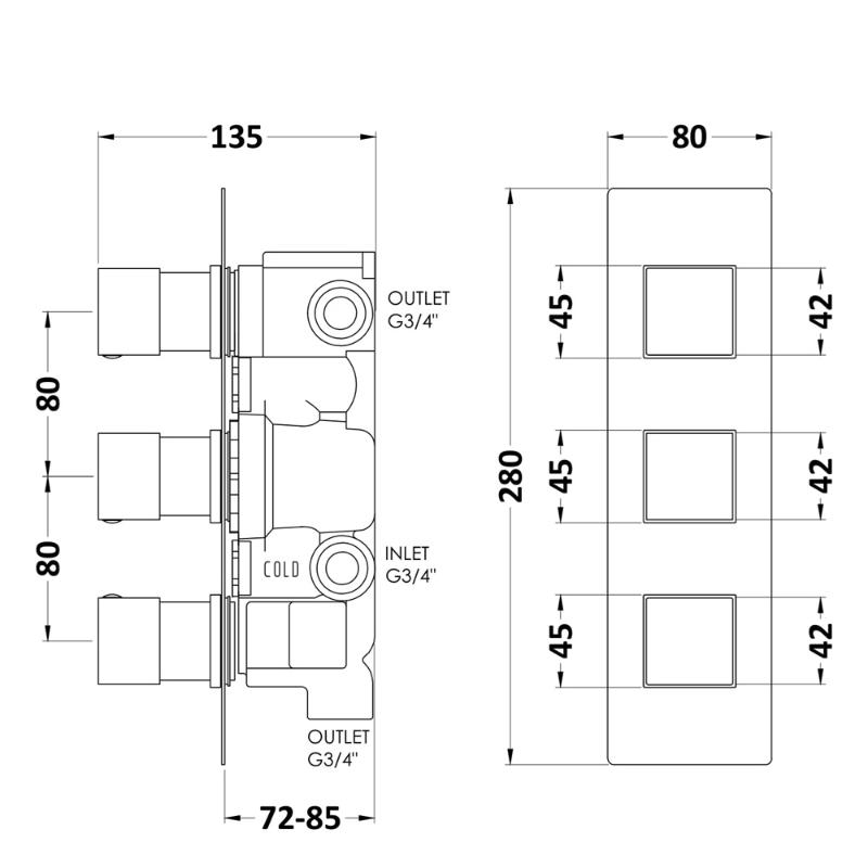 Modus 3 Outlet Square Concealed Shower Valve With Diverter - Chrome