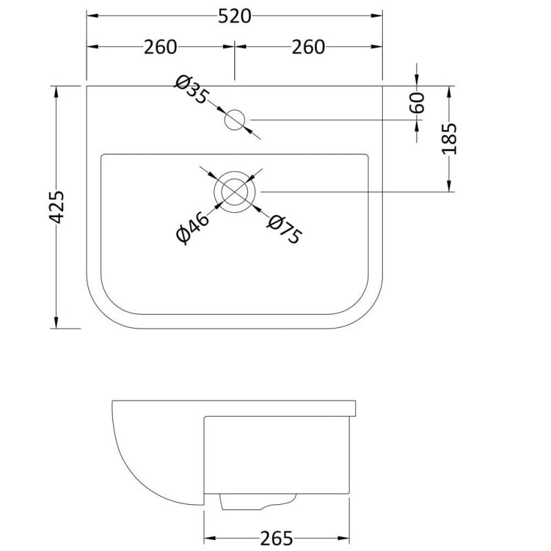 Magna Rectangle Semi Recessed Basin - 520mm Wide - 1 TH - White