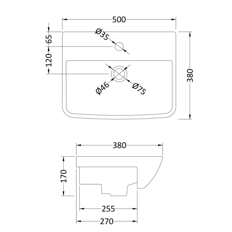 Cave Rectangle Semi Recessed Basin - 500mm Wide - 1 TH - White