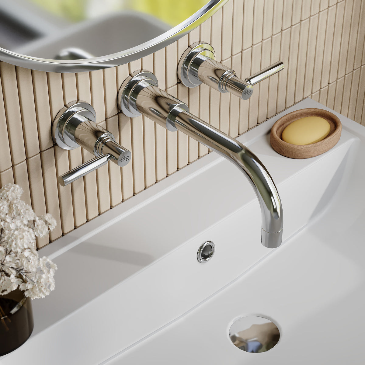 Meander Tec Lever 3 Hole Wall Mounted Basin Mixer Tap