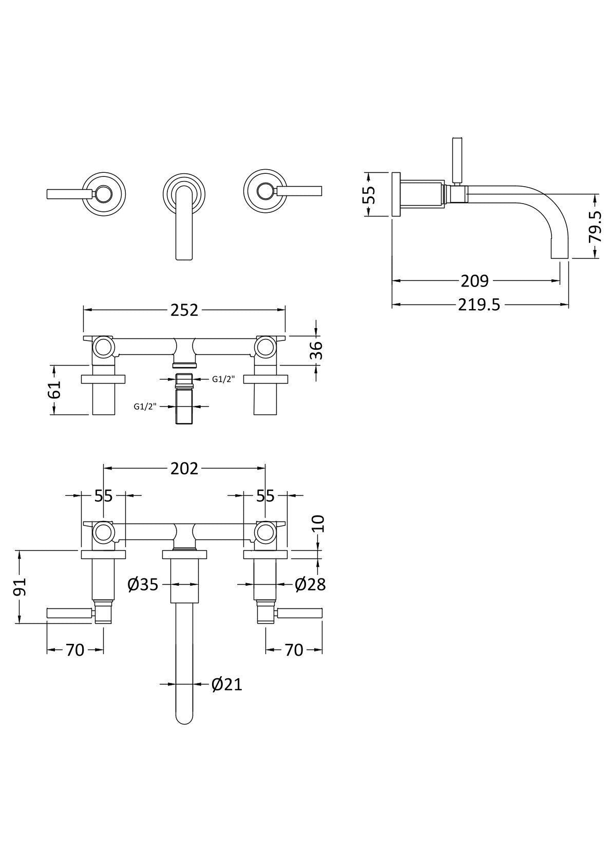 Meander Tec Lever 3 Hole Wall Mounted Basin Mixer Tap