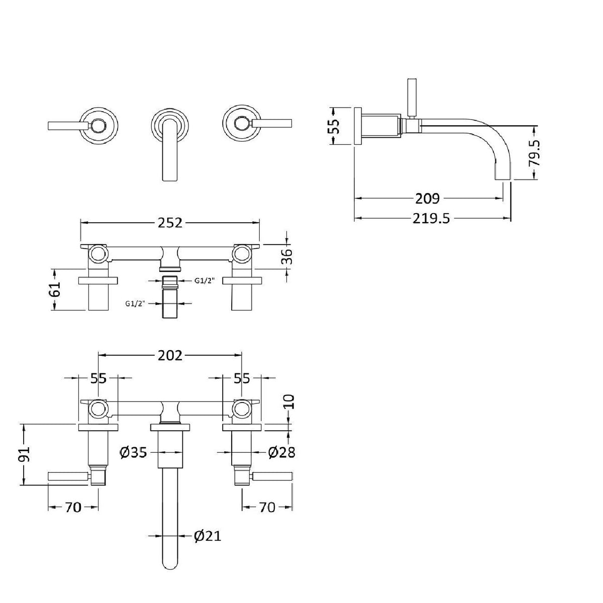 Meander 3 Hole Lever Handle Wall Mounted Basin Mixer Tap