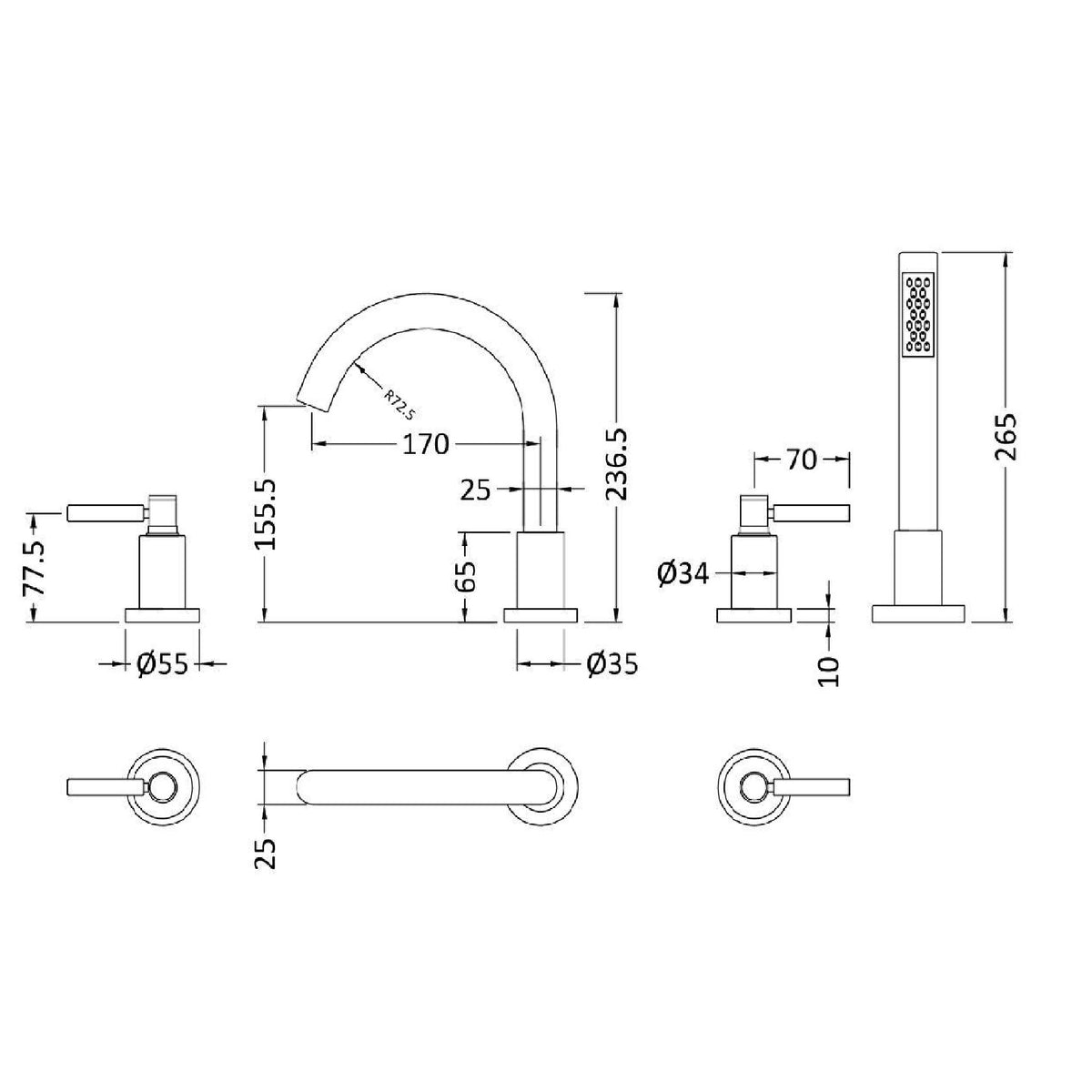Meander Dual Lever 4 Hole Bath Shower Mixer Tap With Handset - Chrome