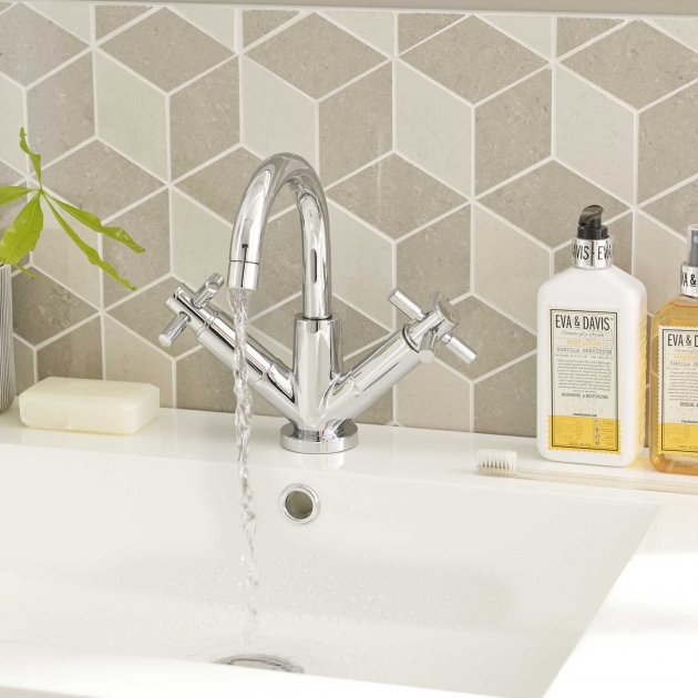 Meander Tec Crosshead Dual Handle Mono Basin Mixer Tap with Push Button Waste