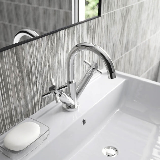 Meander Tec Crosshead Dual Handle Mono Basin Mixer Tap with Push Button Waste