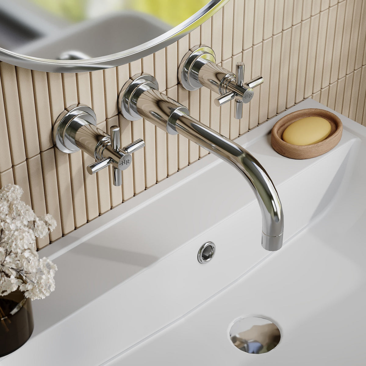 Meander Tec Crosshead 3 Hole Wall Mounted Basin Mixer Tap