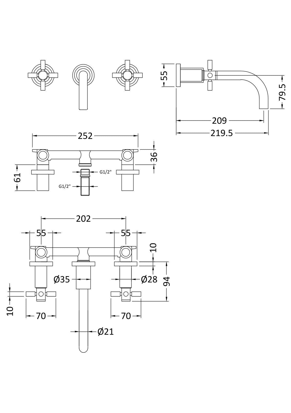 Meander Tec Crosshead 3 Hole Wall Mounted Basin Mixer Tap