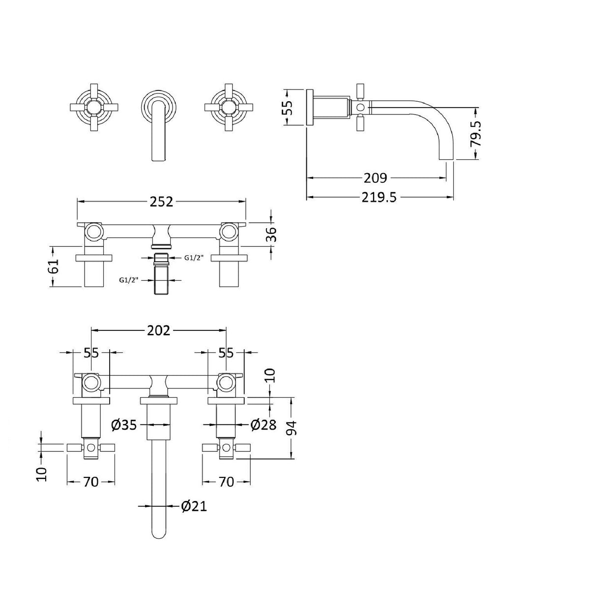 Meander Tec Crosshead 3 Hole Wall Mounted Basin Mixer Tap