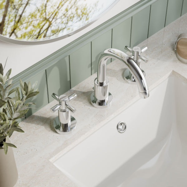 Meander Tec Crosshead 3 Hole Basin Mixer Tap With Pop Up Waste - Chrome
