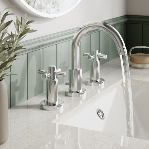 Meander Tec Crosshead 3 Hole Basin Mixer Tap With Pop Up Waste - Chrome