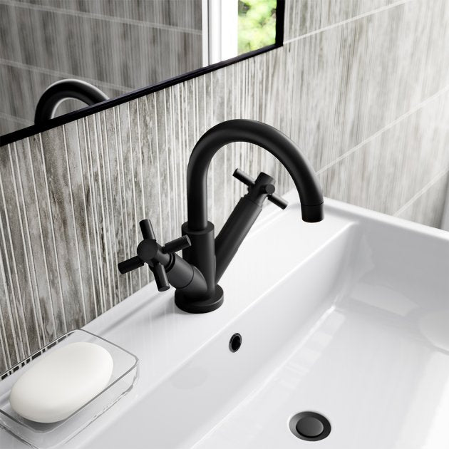 Meander Tec Crosshead Dual Handle Mono Basin Mixer Tap with Push Button Waste