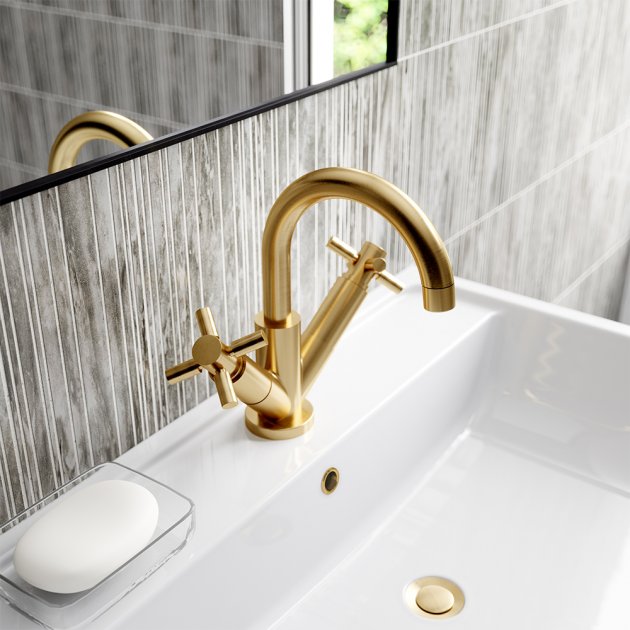 Meander Tec Crosshead Dual Handle Mono Basin Mixer Tap with Push Button Waste