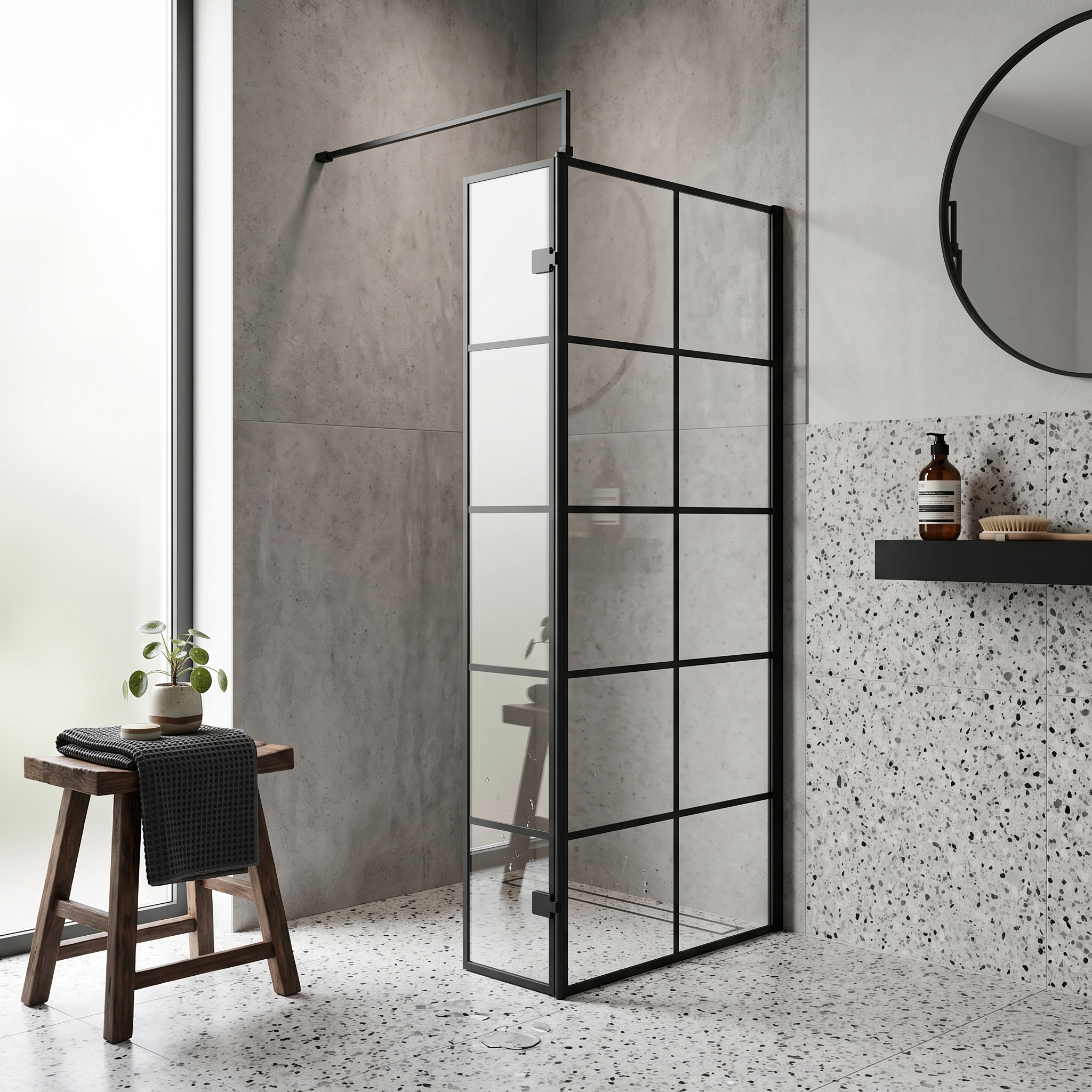 Aspect 8mm Glass Wetroom Return Panel With Support Bar - Matt Black