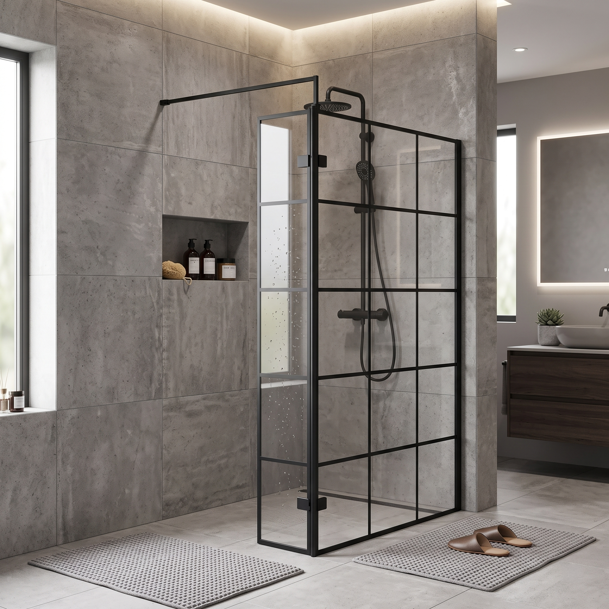 Aspect 8mm Glass Wetroom Return Panel With Support Bar - Matt Black