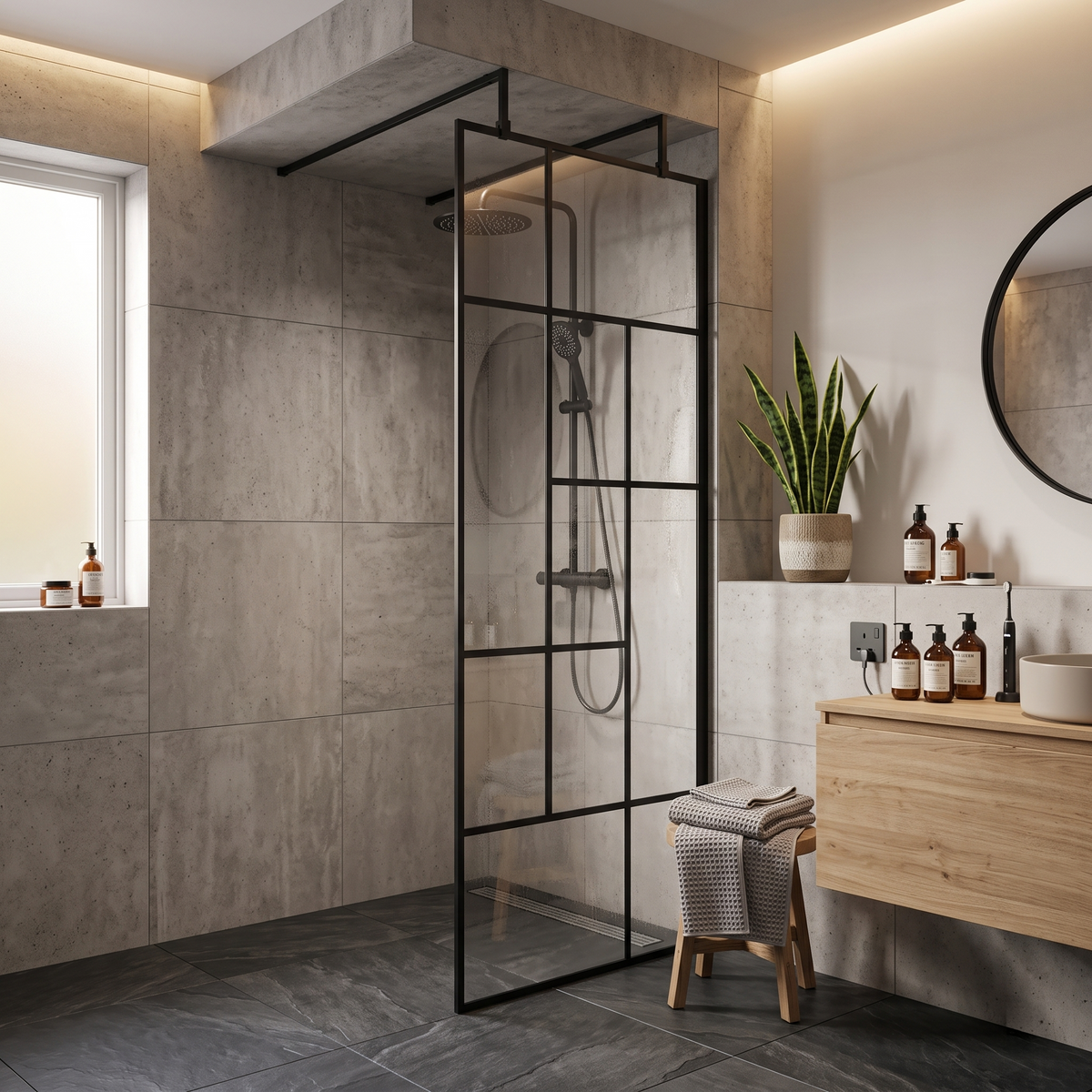 Aspect 8mm Glass Abstract Frame Wetroom Panel - Matt Black