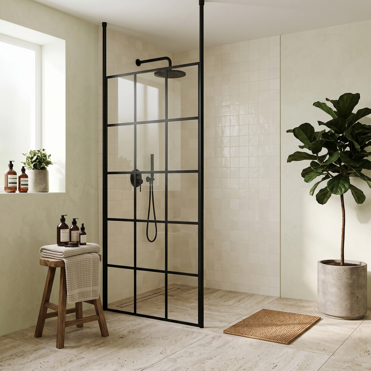 Aspect 8mm Glass Frame Wetroom Panel With Ceiling Posts - Matt Black