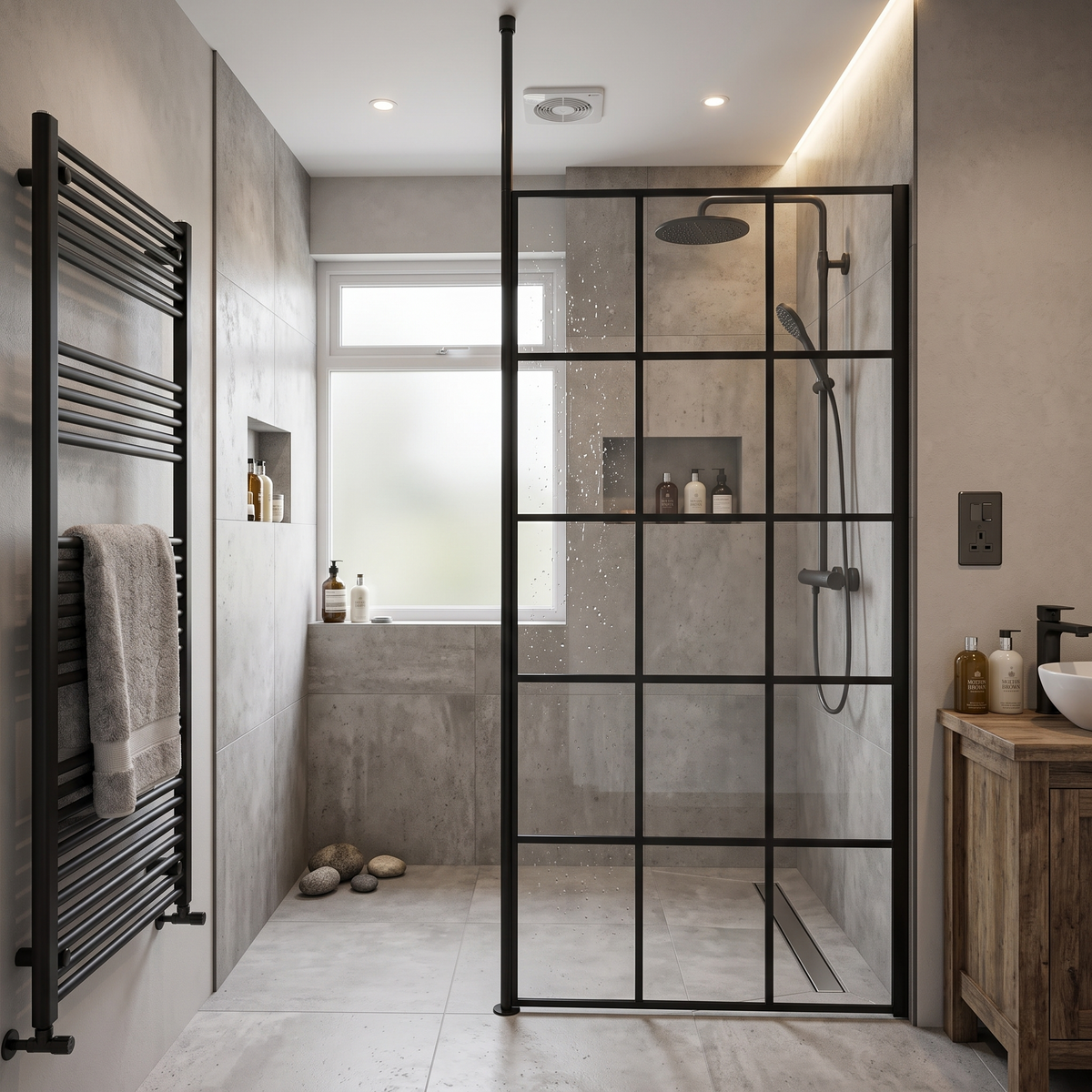 Aspect 8mm Glass Frame Wetroom Panel With Ceiling Posts - Matt Black