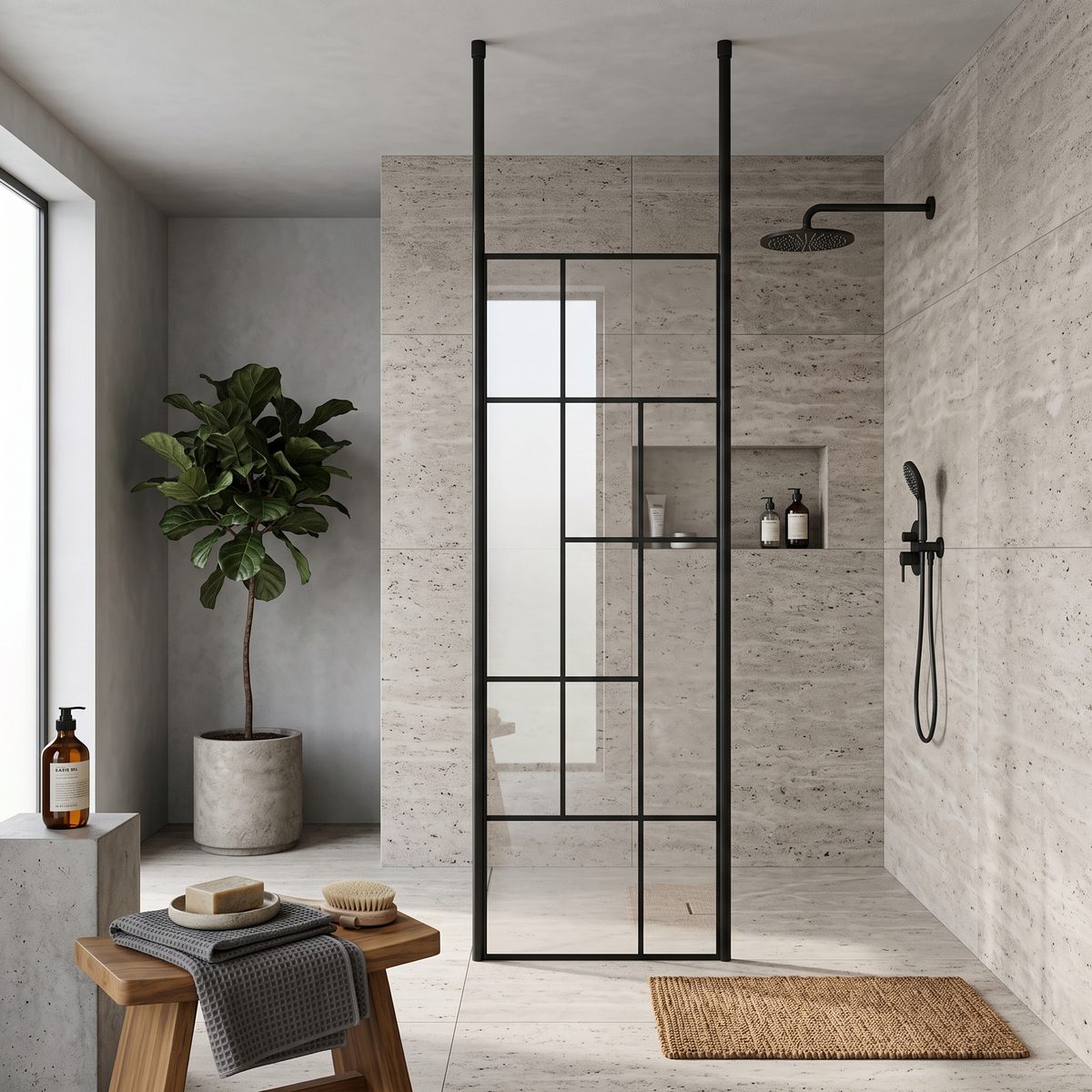 Aspect 8mm Glass Abstract Frame Wetroom Panel With Ceiling Posts - Matt Black