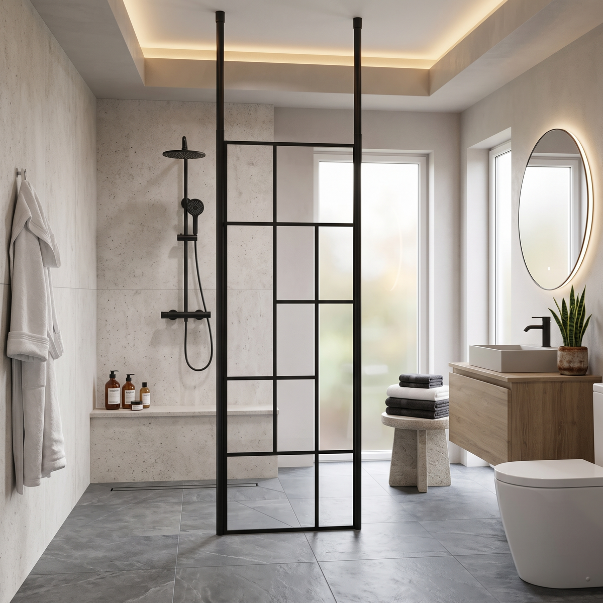 Aspect 8mm Glass Abstract Frame Wetroom Panel With Ceiling Posts - Matt Black