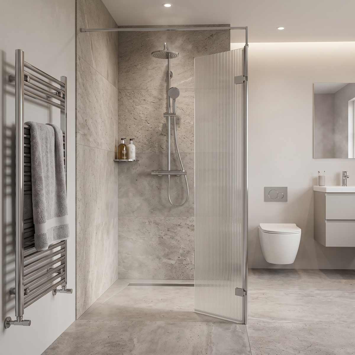 Haven 8mm Fluted Glass Wetroom Return Panel With Support Bar