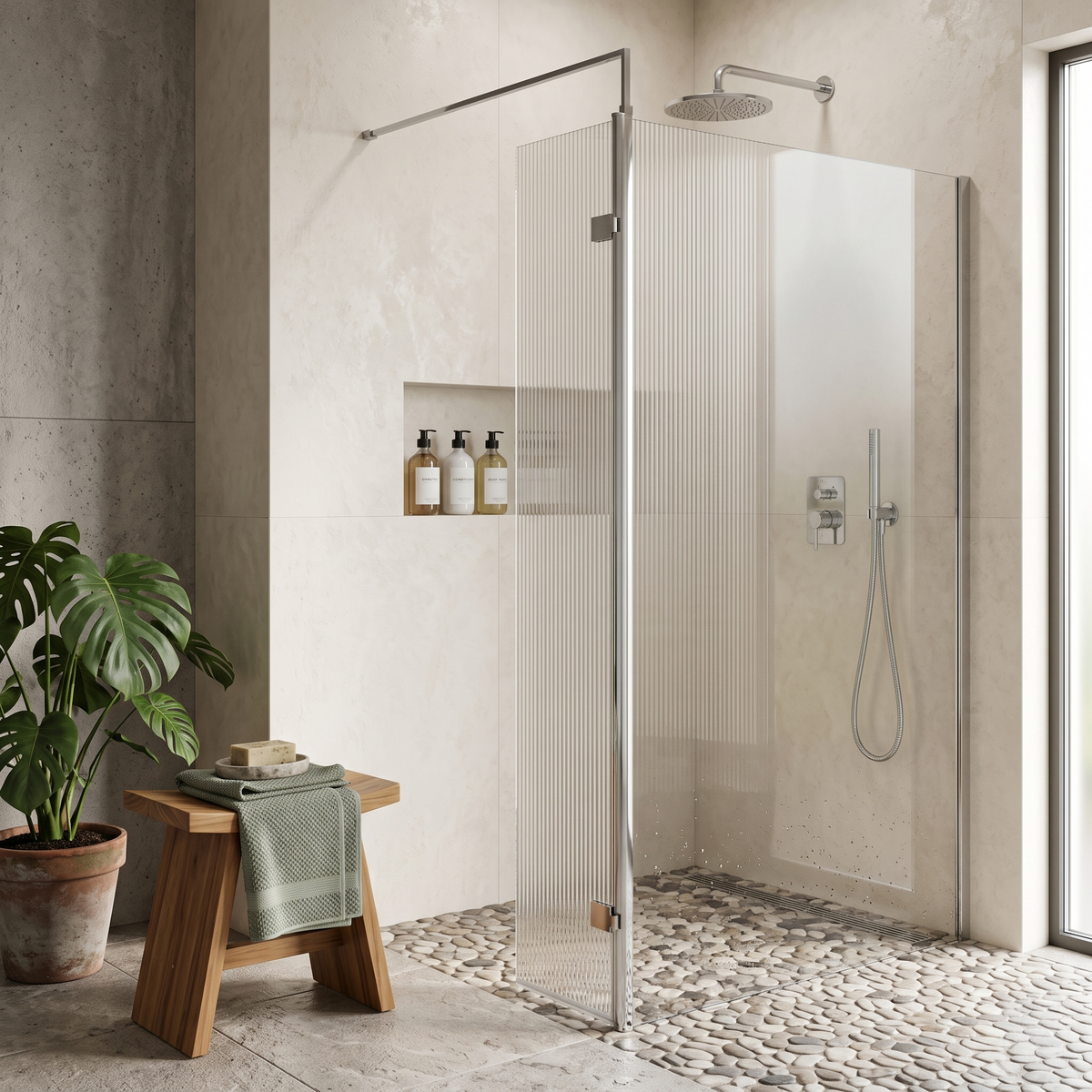 Haven 8mm Fluted Glass Wetroom Return Panel With Support Bar