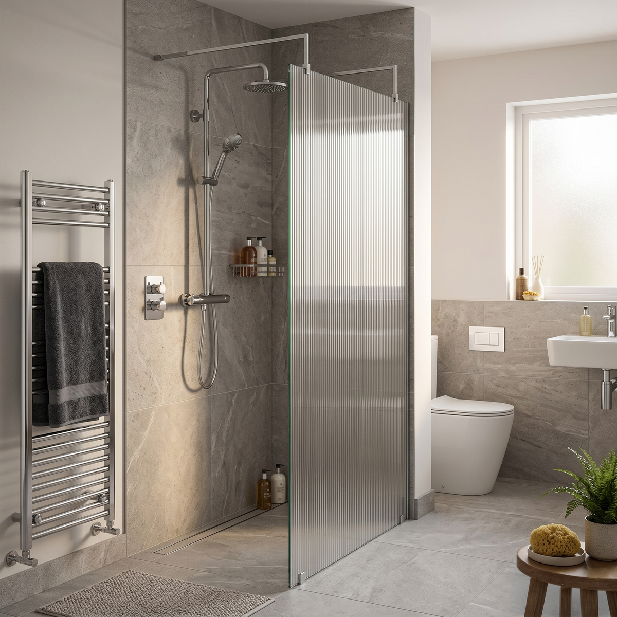 Haven 8mm Fluted Glass Wetroom Panel With Arms And Feet