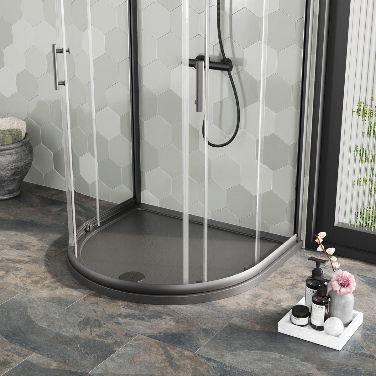 Bibe Slimline D Shape Shower Tray - Slate Grey