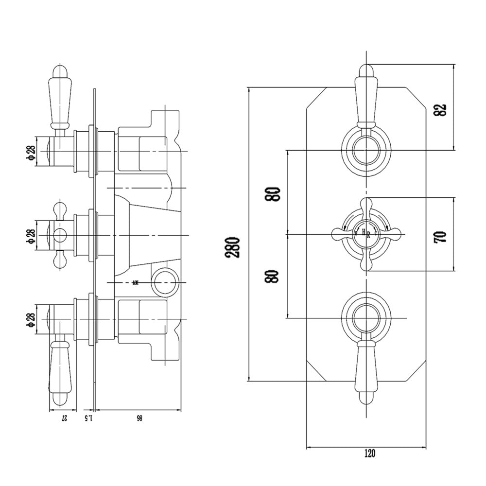 Claremont 3 outlet Traditional Thermostatic Concealed Shower Valve with Diverter