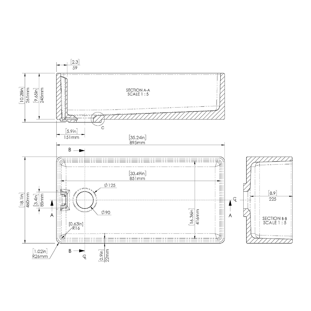 Nuie Belfast Sink, Extra Large White Fireclay Kitchen Sink with Timeless Design and Spacious Bowl, 895 x 460 x 245mm