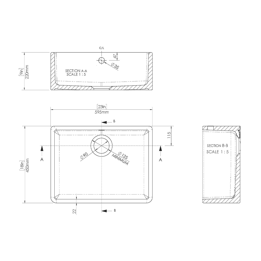 Nuie Butler Sink Stepped Weir & Overflow, Classic White Fireclay Kitchen Sink for Timeless Elegance, 595mm x 450mm x 220mm