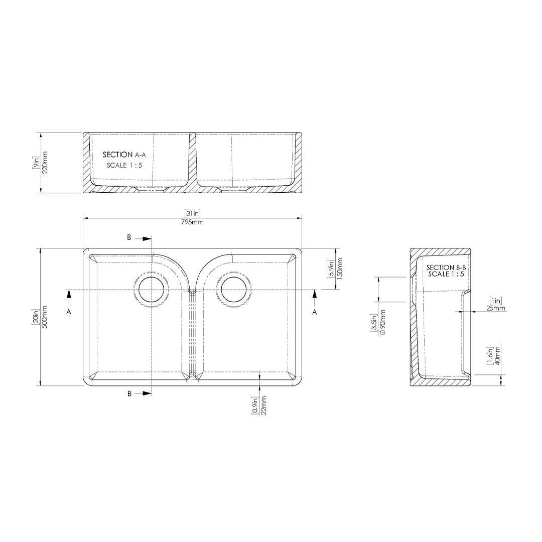 Nuie Butler Sink Flush Weir, Classic White Fireclay Kitchen Sink for Timeless Elegance, 795x500x220mm