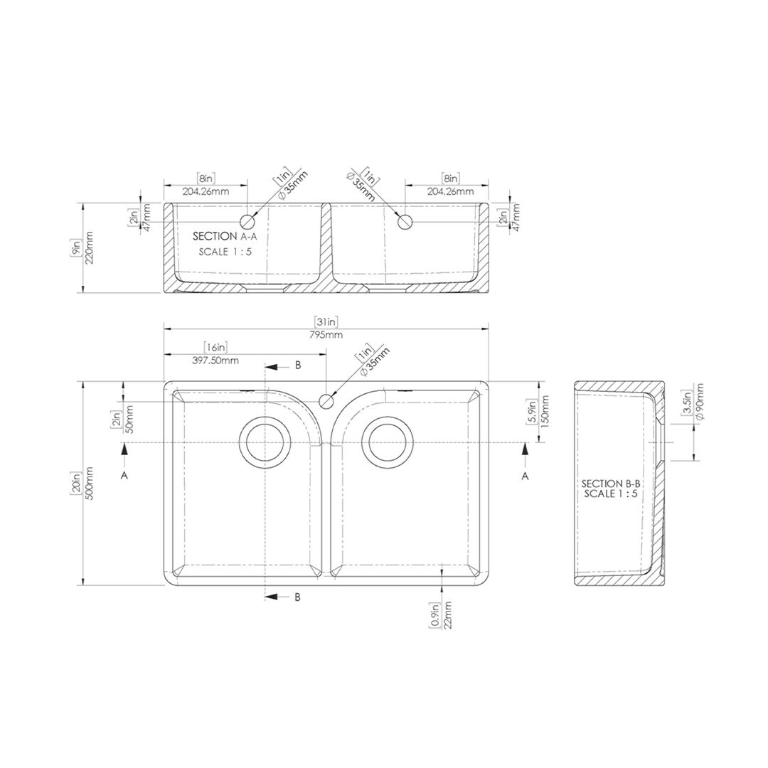 Nuie Butler Sink Flush Weir & Overflow, Classic White Fireclay Kitchen Sink for Timeless Elegance, 795x500x220mm