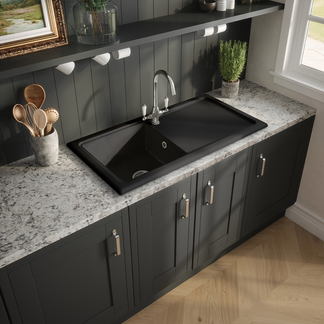 Nuie Counter Top Sink Single Bowl, Elegant Black Fireclay Kitchen Sink for Timeless Utility, 1010mm x 525mm