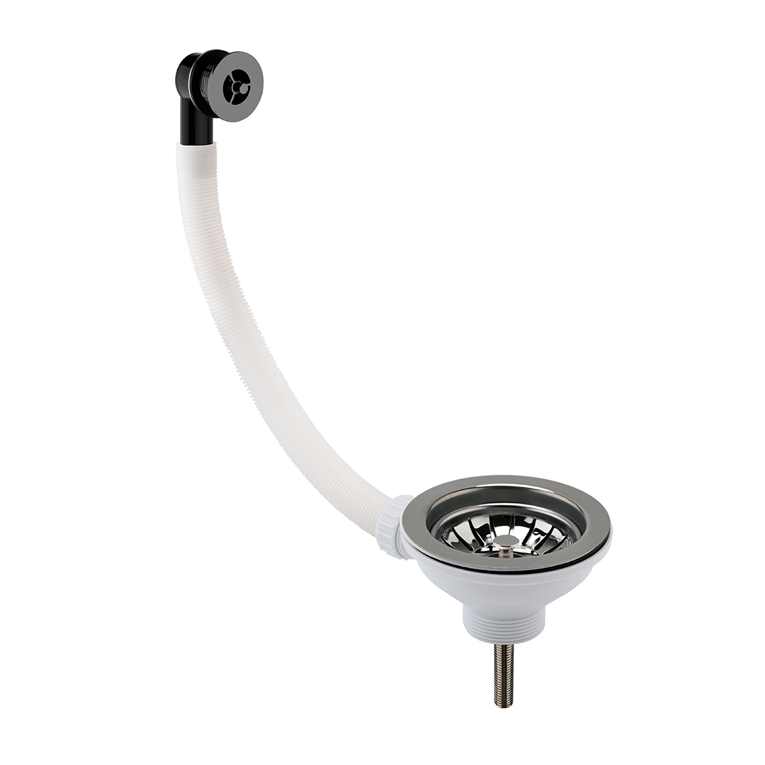 Nuie Fireclay Sinks Pull Out Basket Strainer Waste with Overflow, Kitchen Sink Waste Strainer, Brushed Pewter, 90mm