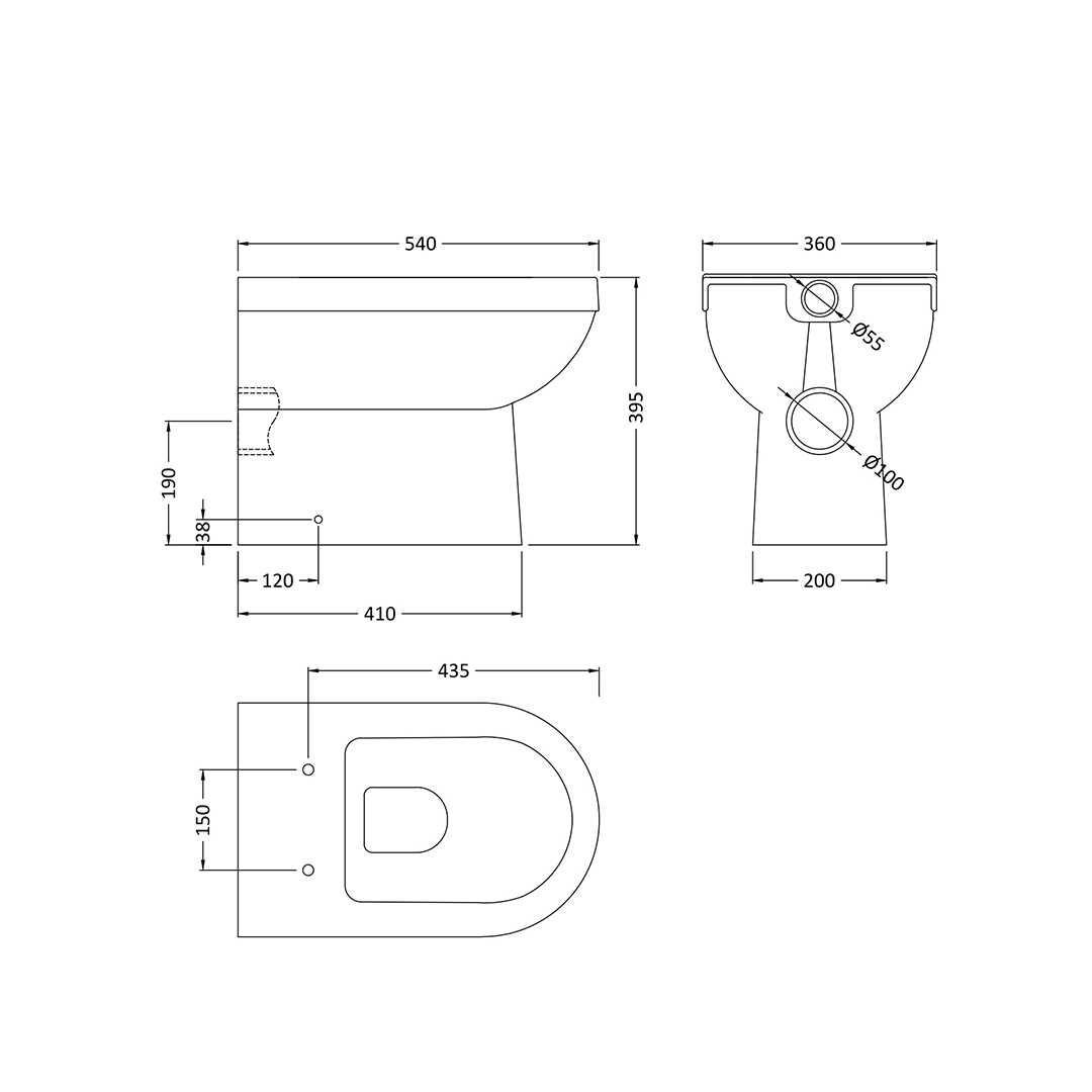 Technical drawing of the Nuie Ivo Back to Wall Toilet - White by Nuie, showing side, front, and top views with dimensions: 540mm length, 360mm width, 395mm height plus other marked measurements.