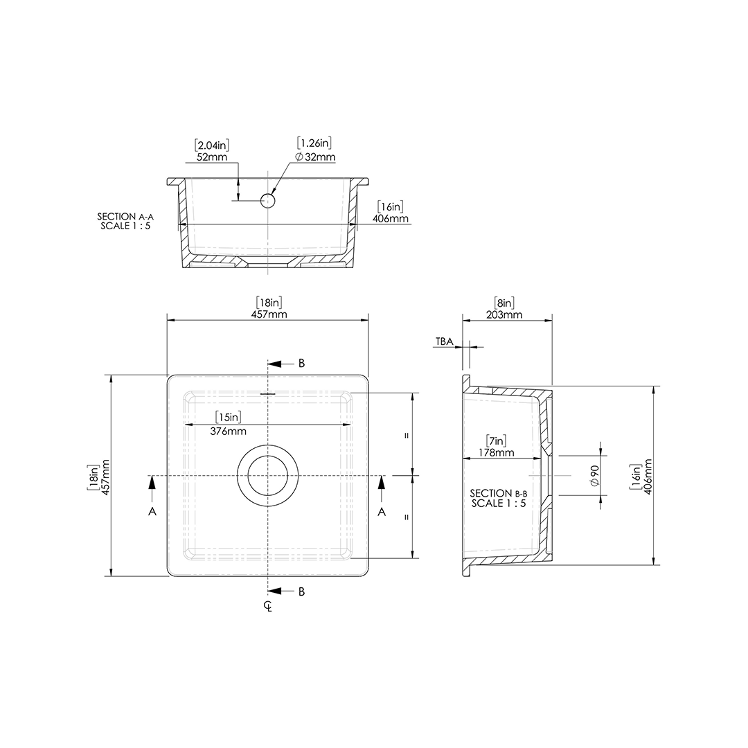 Nuie Inset Single Bowl with Overflow, Durable Undermount Single Small Bowl Kitchen Basin in White Finish, 457 x 457 x 203mm