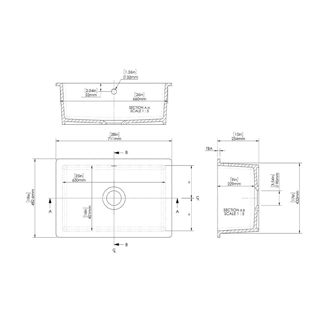 Nuie Inset Single Bowl with Overflow, Durable Undermount Single Small Bowl Kitchen Basin in White Finish, 711 x 483 x 254mm