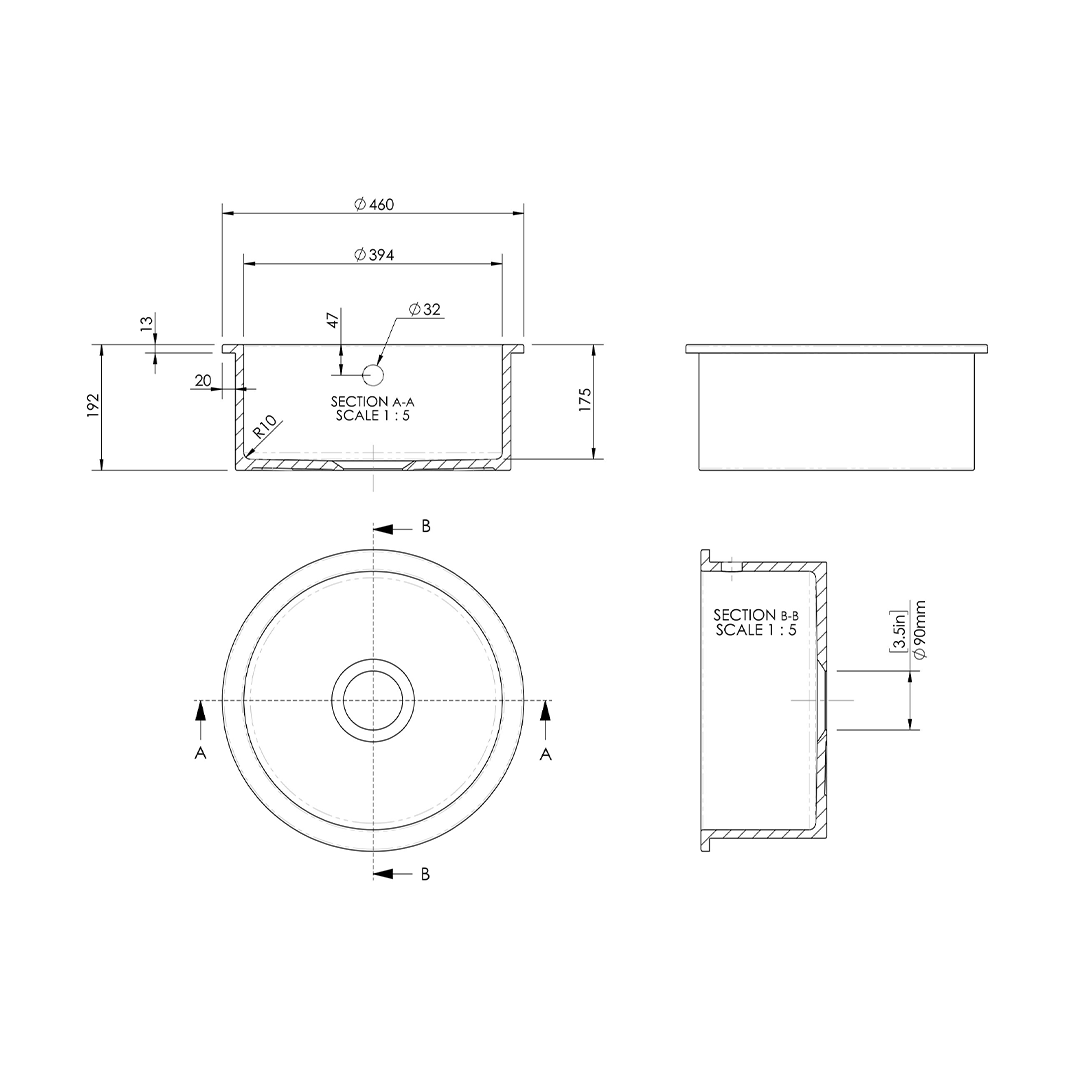 Nuie Inset Round Single Bowl Kitchen Sink with Overflow & Central Waste, Durable Small Kitchen Basin in White, 460 x 191mm