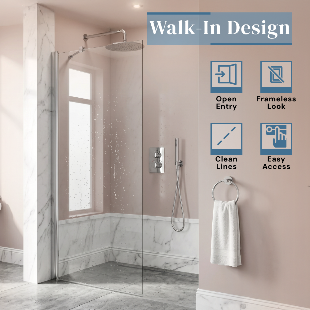 VeeBath Safira 8mm Glass Walk-In Wet Room Shower Screen Panel - Chrome