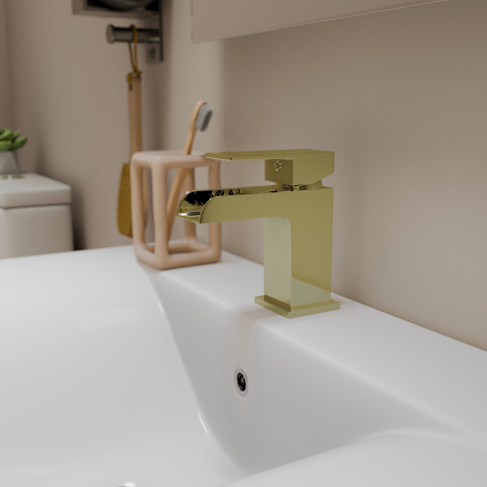 Kinetic Square Waterfall Mono Basin Mixer Tap with Push Button Waste