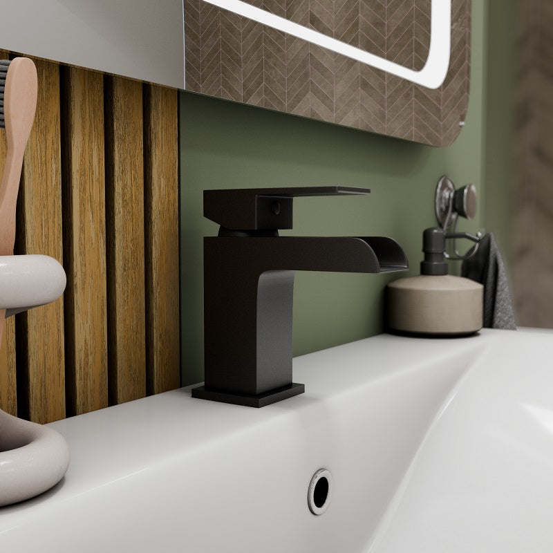 Kinetic Square Waterfall Mono Basin Mixer Tap with Push Button Waste