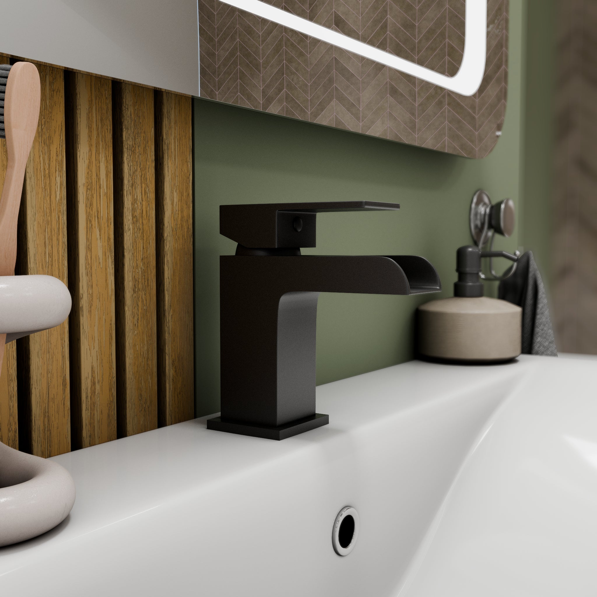 Kinetic Square Waterfall Mono Basin Mixer Tap with Push Button Waste