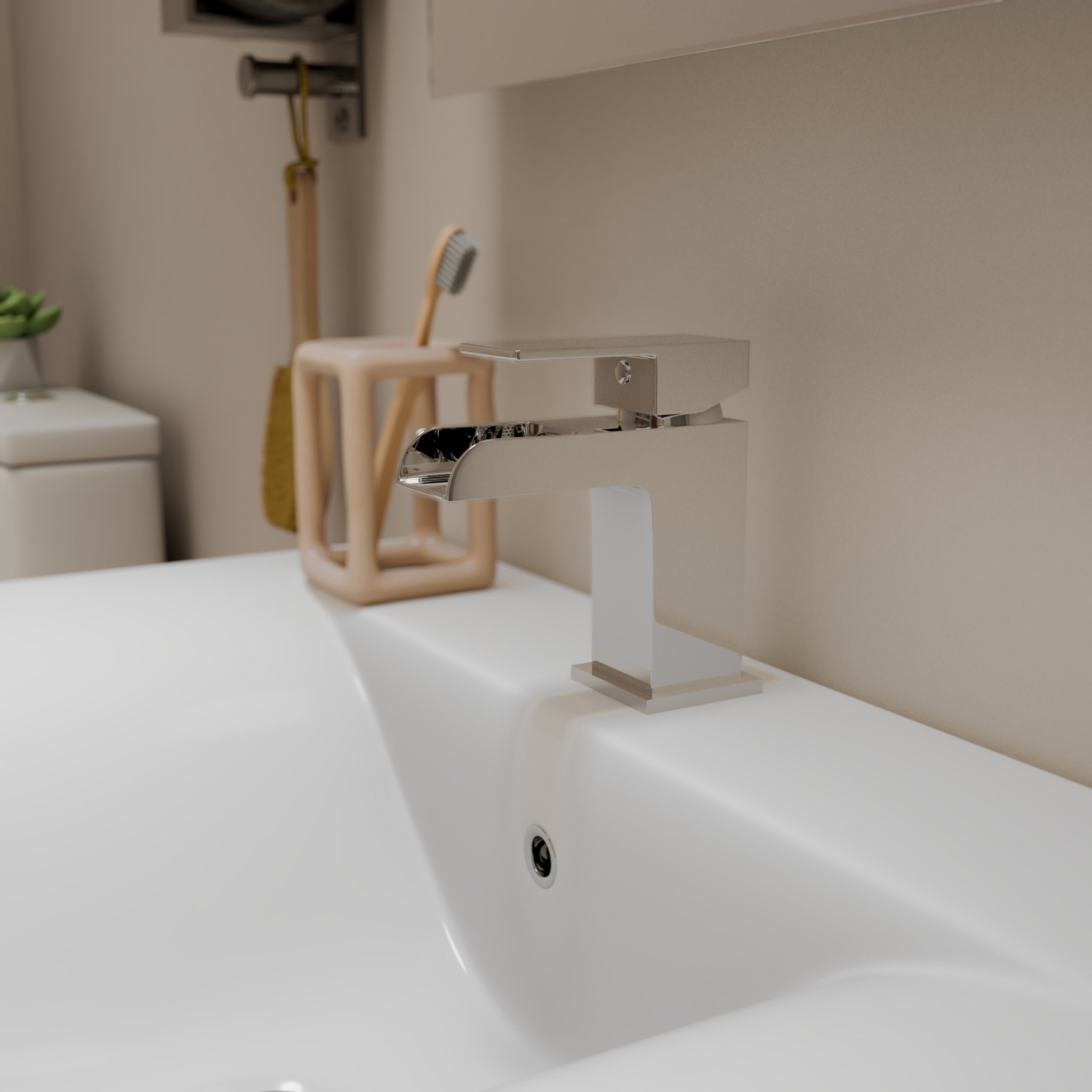 Kinetic Square Waterfall Mono Basin Mixer Tap with Push Button Waste